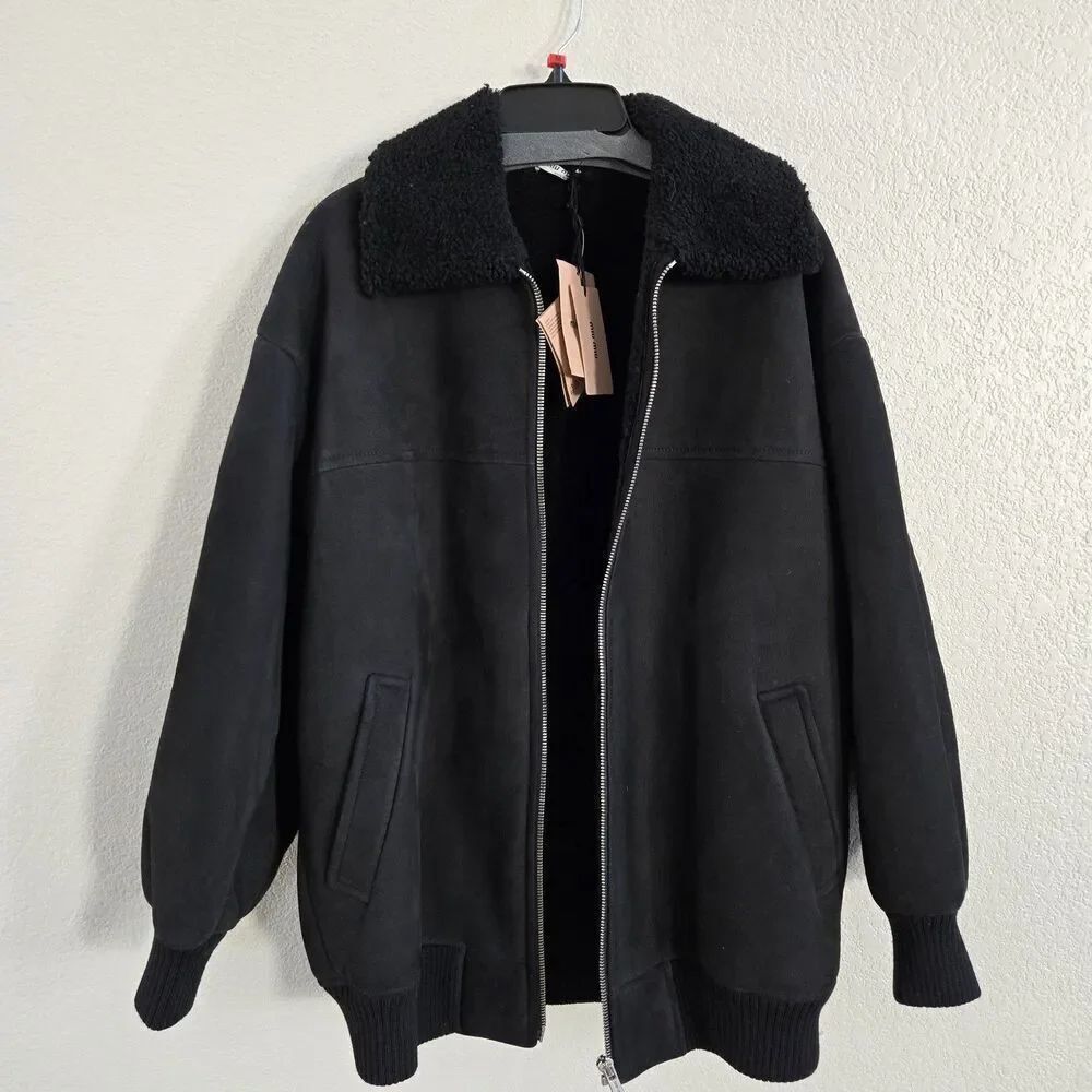 Miu Miu Black Shearling Bomber Oversized Jacket Coat size 38 2 XS NEW